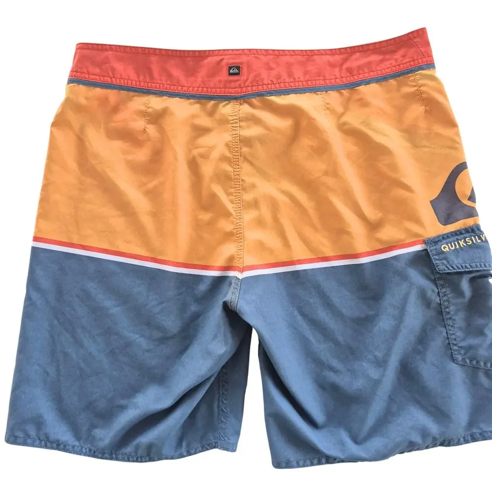 Quiksilver Mens Board Shorts Swim Trunks Sz 34 Colorful Orange Blue Logo Pocket